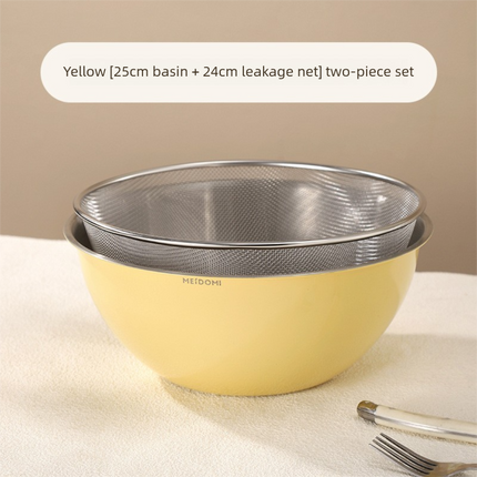 Yellow Stainless Steel Mixing Bowl Set with Colander – Double-Layer Kitchen Basin for Salad, Washing, Mixing & Baking.