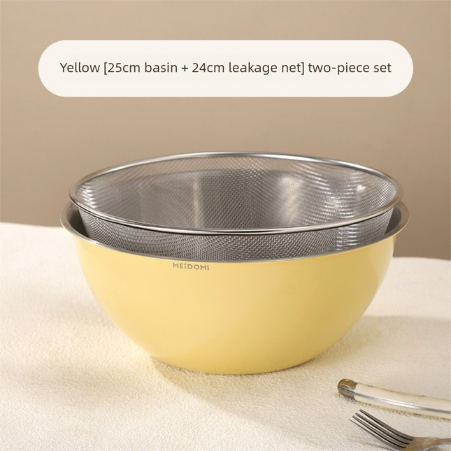 Yellow Stainless Steel Mixing Bowl Set with Colander – Double-Layer Kitchen Basin for Salad, Washing, Mixing & Baking.
