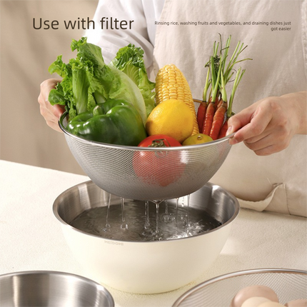 Yellow Stainless Steel Mixing Bowl Set with Colander – Double-Layer Kitchen Basin for Salad, Washing, Mixing & Baking.