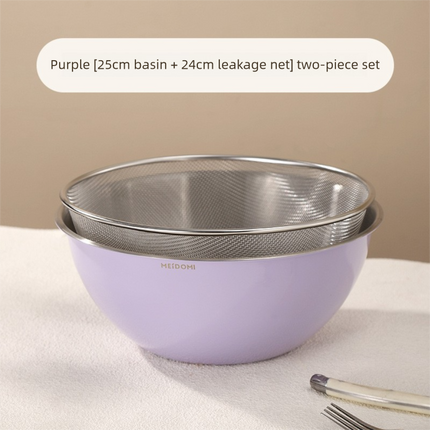 Purple Stainless Steel Mixing Bowl Set with Colander – Double-Layer Kitchen Basin for Salad, Washing, Mixing & Baking.