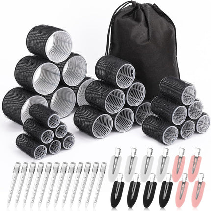 Black 49-Piece Pink Plastic Hair Rollers Set with Clips and Storage Bag for At-Home Styling – Multi-Size Curlers for Voluminous Curls, Waves and Bangs.
