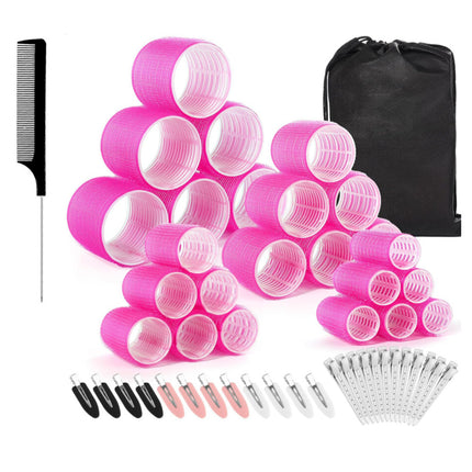 Rose red 50-Piece Pink Plastic Hair Rollers Set with Clips and Storage Bag for At-Home Styling – Multi-Size Curlers for Voluminous Curls, Waves and Bangs.