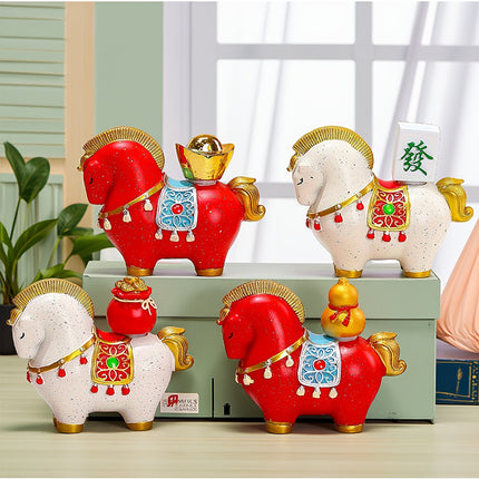 White Red New Chinese Style Resin Horse Figurine with Rotating Lucky Bag – Elegant Home or Office Decor for Modern Living Spaces(Blessed immediately).