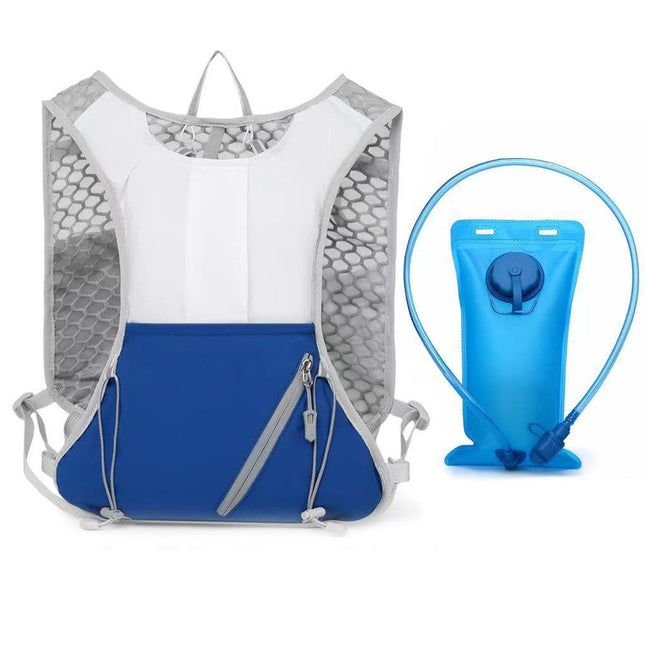 White and blue Lightweight Hydration Backpack with 2L Water Bladder Compartment – Ideal for Running, Cycling, Hiking, and Outdoor Activities.