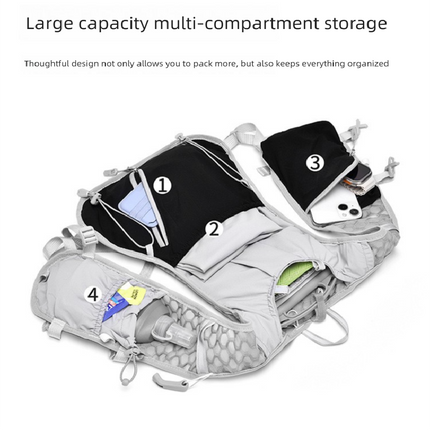 White and blue Lightweight Hydration Backpack with 2L Water Bladder Compartment – Ideal for Running, Cycling, Hiking, and Outdoor Activities.