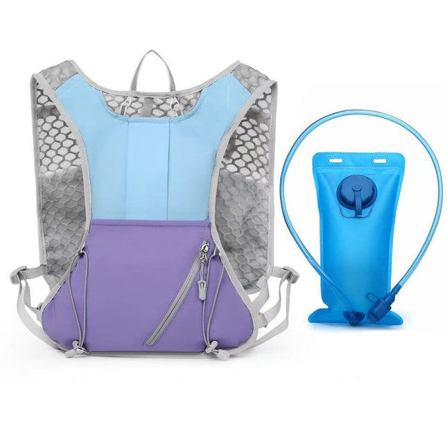 Blue and purple Lightweight Hydration Backpack with 2L Water Bladder Compartment – Ideal for Running, Cycling, Hiking, and Outdoor Activities.