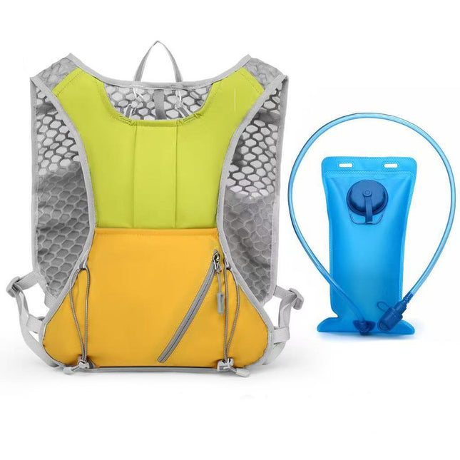 Green and yellow Lightweight Hydration Backpack with 2L Water Bladder Compartment – Ideal for Running, Cycling, Hiking, and Outdoor Activities.