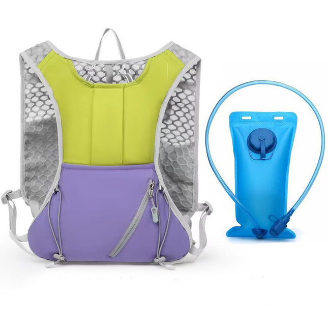 Green and purple Lightweight Hydration Backpack with 2L Water Bladder Compartment – Ideal for Running, Cycling, Hiking, and Outdoor Activities.
