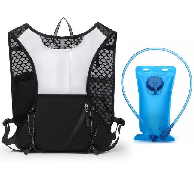 White and black Lightweight Hydration Backpack with 2L Water Bladder Compartment – Ideal for Running, Cycling, Hiking, and Outdoor Activities.