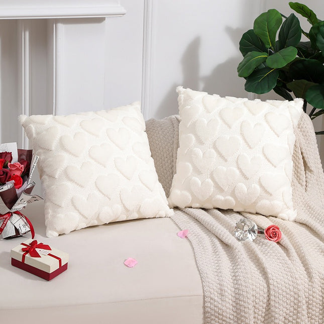 2-PCS White 45x45cm Heart Pattern Plush Pillow Cover with Insert – Soft Textured Decorative Cushion for Living Room or Bedroom.