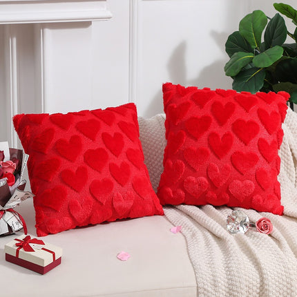 2-PCS Red 45x45cm Heart Pattern Plush Pillow Cover with Insert – Soft Textured Decorative Cushion for Living Room or Bedroom.
