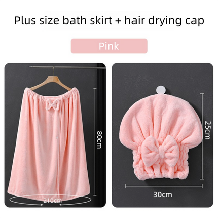 Pink Plus Size Bath Wrap Dress with Adjustable Elastic Waist and Bow Detail – Soft Absorbent Towel Robe for Post-Shower Comfort.