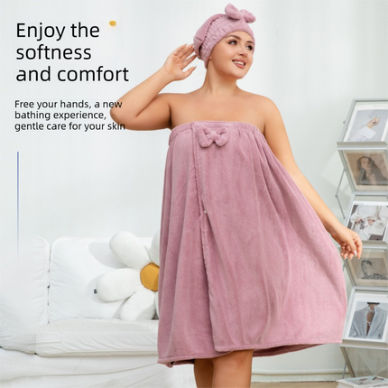 Pink Plus Size Bath Wrap Dress with Adjustable Elastic Waist and Bow Detail – Soft Absorbent Towel Robe for Post-Shower Comfort.