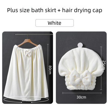White Plus Size Bath Wrap Dress with Adjustable Elastic Waist and Bow Detail – Soft Absorbent Towel Robe for Post-Shower Comfort.
