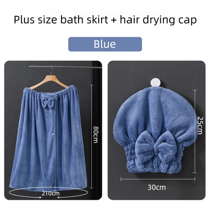 Blue Plus Size Bath Wrap Dress with Adjustable Elastic Waist and Bow Detail – Soft Absorbent Towel Robe for Post-Shower Comfort.