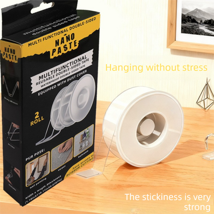 Multifunctional Reusable Nano Double-Sided Tape 2 Rolls with Dust Covers Heavy Duty Mounting Solution for Local Home and Office Organization.