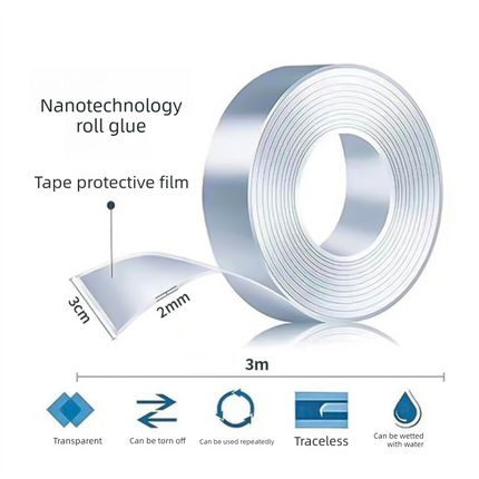 Multifunctional Reusable Nano Double-Sided Tape 2 Rolls with Dust Covers Heavy Duty Mounting Solution for Local Home and Office Organization.