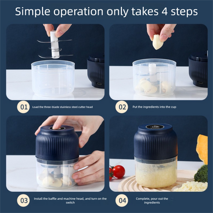 3-blade cutter head White Wireless Electric Garlic Chopper 300ml Portable Mini Food Processor USB Rechargeable for Baby Food and Dipping Sauce Essential Local Kitchen Tool.