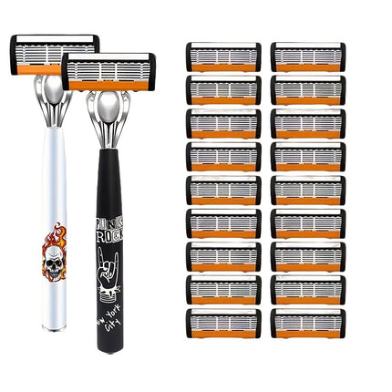 2-Pack 6-Layer Manual Razor with 18 Replacement Blades – Ultra-Close Shave for Men, Stainless Steel Handle with One-Click Blade Change.