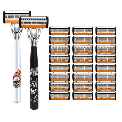 2-Pack 6-Layer Manual Razor with 24 Replacement Blades – Ultra-Close Shave for Men, Stainless Steel Handle with One-Click Blade Change.