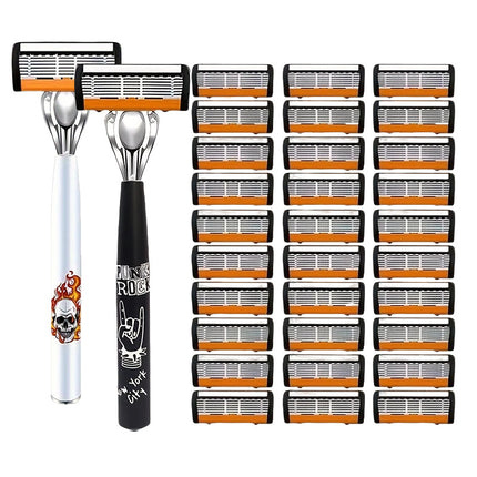 2-Pack 6-Layer Manual Razor with 30 Replacement Blades – Ultra-Close Shave for Men, Stainless Steel Handle with One-Click Blade Change.