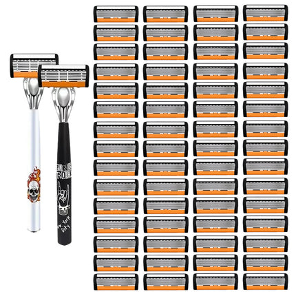 2-Pack 6-Layer Manual Razor with 60 Replacement Blades – Ultra-Close Shave for Men, Stainless Steel Handle with One-Click Blade Change.