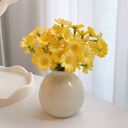 Ceramic Vase with Artificial Flowers Set – Mini Decorative Pot for Home Living Room or Desk Display(White vase with yellow daisies).