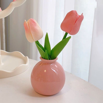 Ceramic Vase with Artificial Flowers Set – Mini Decorative Pot for Home Living Room or Desk Display(Dark pink vase and tulips).