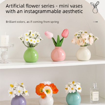Ceramic Vase with Artificial Flowers Set – Mini Decorative Pot for Home Living Room or Desk Display(Dark pink vase and tulips).