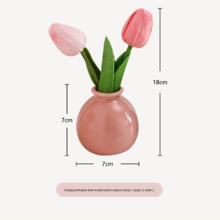 Ceramic Vase with Artificial Flowers Set – Mini Decorative Pot for Home Living Room or Desk Display(Dark pink vase and tulips).