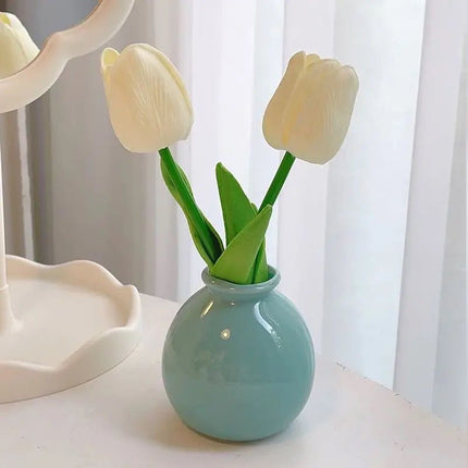 Ceramic Vase with Artificial Flowers Set – Mini Decorative Pot for Home Living Room or Desk Display(Blue bottle and white tulips).