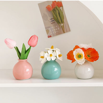 Ceramic Vase with Artificial Flowers Set – Mini Decorative Pot for Home Living Room or Desk Display(Blue bottle and white tulips).