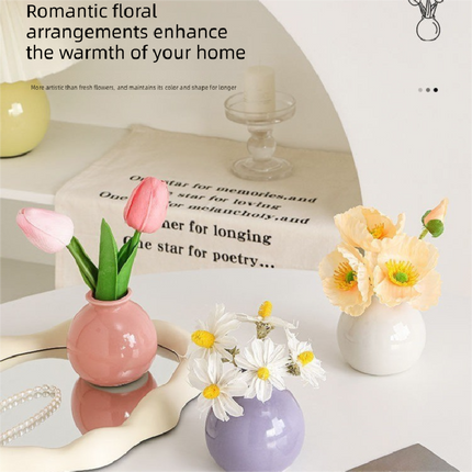 Ceramic Vase with Poppy Artificial Flowers Set – Mini Decorative Pot for Home Living Room or Desk Display.