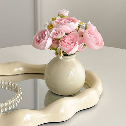 Ceramic Vase with camellia bud Artificial Flowers Set – Mini Decorative Pot for Home Living Room or Desk Display.