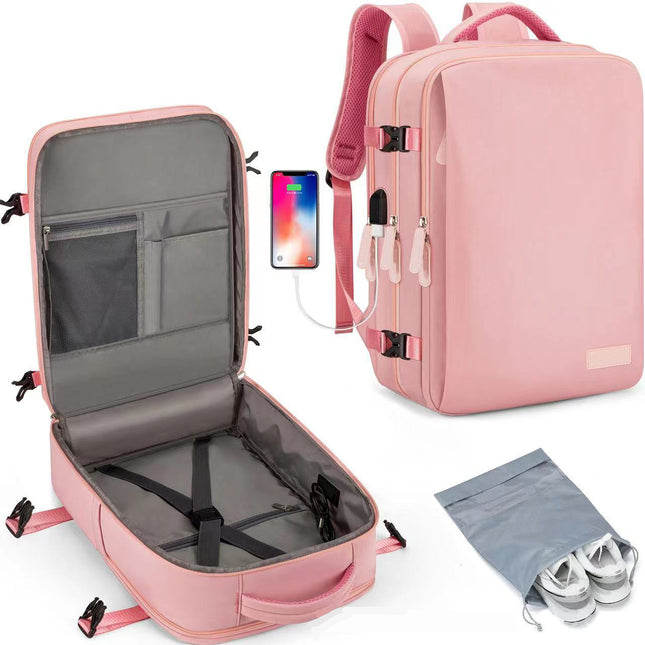 Pink Large Capacity Backpack with USB Charging Port and Waterproof Fabric for Travel Work and Daily Use.