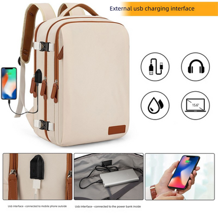 Pink Large Capacity Backpack with USB Charging Port and Waterproof Fabric for Travel Work and Daily Use.