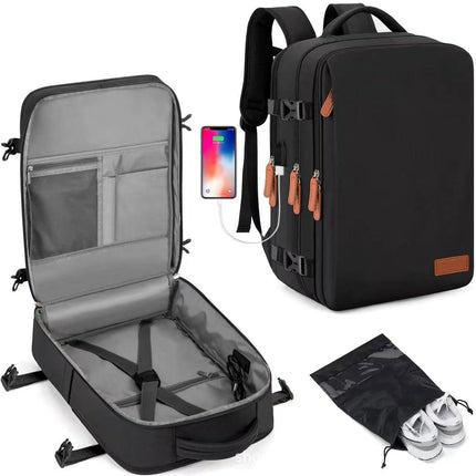 Black Large Capacity Backpack with USB Charging Port and Waterproof Fabric for Travel Work and Daily Use.