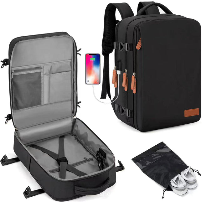 Black Large Capacity Backpack with USB Charging Port and Waterproof Fabric for Travel Work and Daily Use.