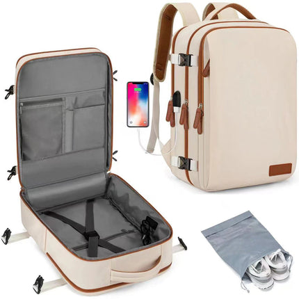 Beige Large Capacity Backpack with USB Charging Port and Waterproof Fabric for Travel Work and Daily Use.