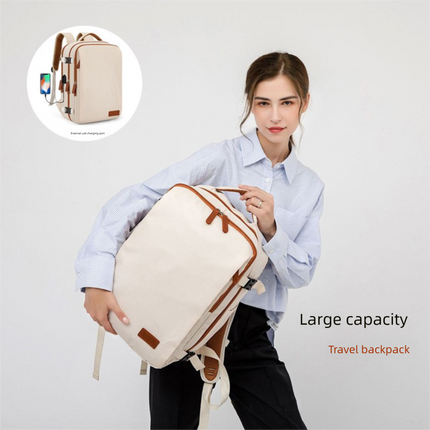 Beige Large Capacity Backpack with USB Charging Port and Waterproof Fabric for Travel Work and Daily Use.