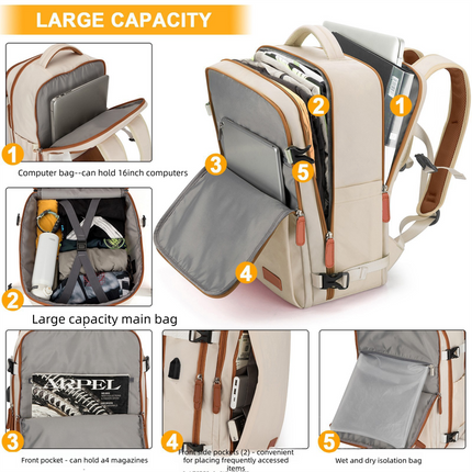 Beige Large Capacity Backpack with USB Charging Port and Waterproof Fabric for Travel Work and Daily Use.