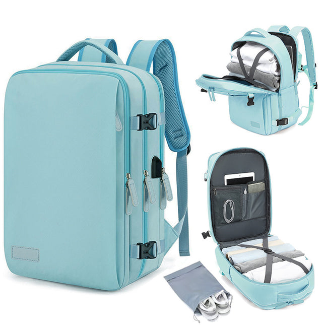 Blue Large Capacity Backpack with USB Charging Port and Waterproof Fabric for Travel Work and Daily Use.