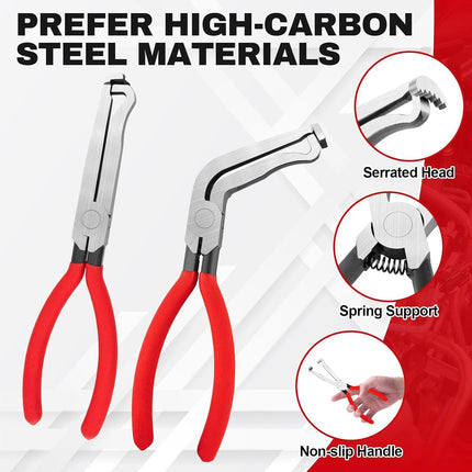 Red 3 Piece Automotive Wire Connector Removal Tool Set with Straight Bent and Dual End Pliers for Electrical Harness Disassembly.