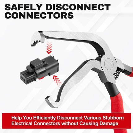 Black and red 3 Piece Automotive Wire Connector Removal Tool Set with Straight Bent and Dual End Pliers for Electrical Harness Disassembly.