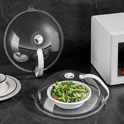 360° Microwave Splash Cover with Rotating Vent and Heat-Resistant Handle – Transparent Food Protector for Cooking, Reheating, and Refrigeration.