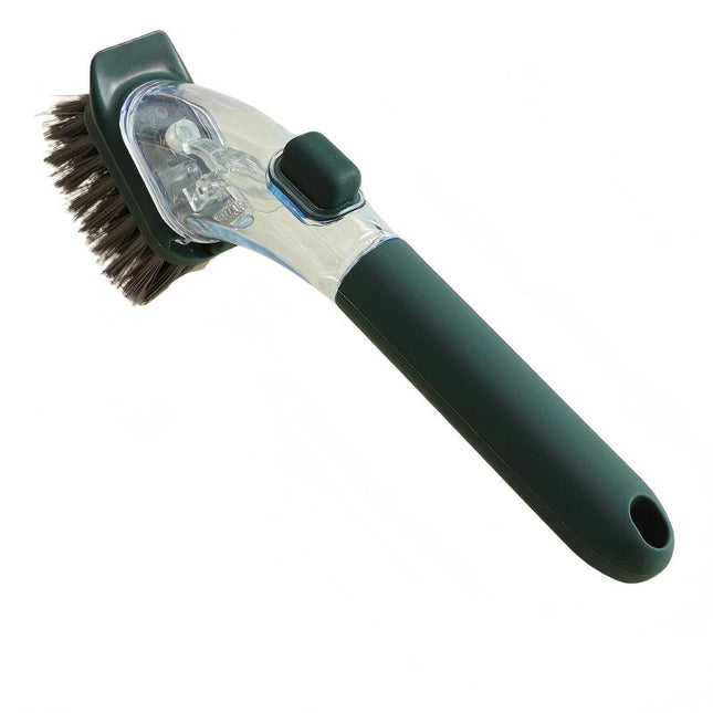 Dark green Long-Handled Liquid Dispensing Pot Scrubber – Multi-Use Kitchen Cleaning Brush with Built-In Detergent Reservoir.
