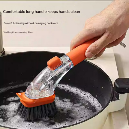 Dark green Long-Handled Liquid Dispensing Pot Scrubber – Multi-Use Kitchen Cleaning Brush with Built-In Detergent Reservoir.
