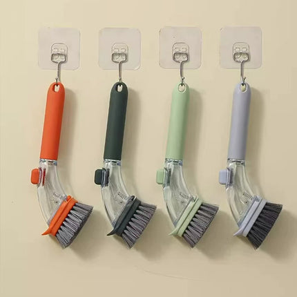 Dark green Long-Handled Liquid Dispensing Pot Scrubber – Multi-Use Kitchen Cleaning Brush with Built-In Detergent Reservoir.