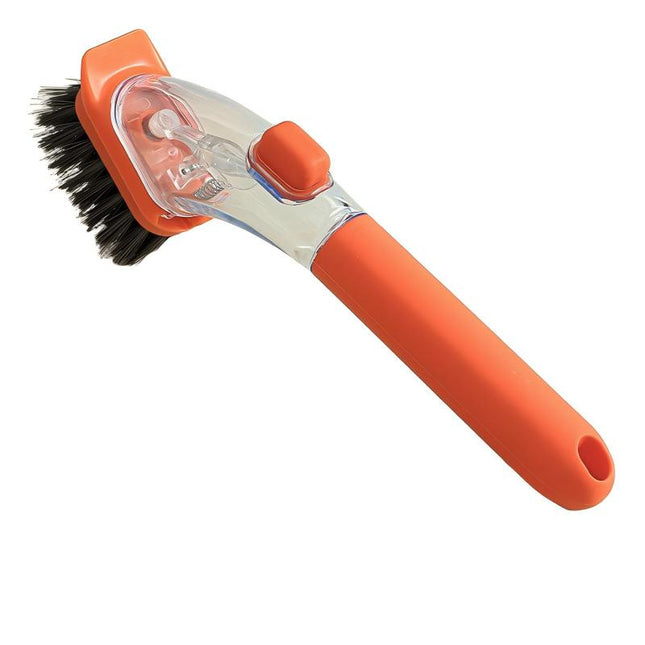 Orange Long-Handled Liquid Dispensing Pot Scrubber – Multi-Use Kitchen Cleaning Brush with Built-In Detergent Reservoir.
