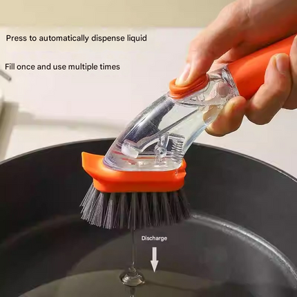 Orange Long-Handled Liquid Dispensing Pot Scrubber – Multi-Use Kitchen Cleaning Brush with Built-In Detergent Reservoir.
